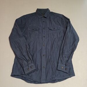 H&M Mens Medium Navy Blue Cotton‎ Utility Shirt Long Sleeve Epaulets Pockets